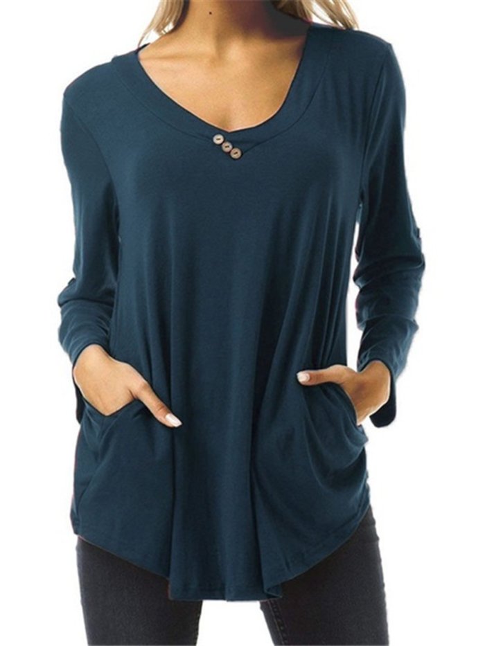 Solid 8 Colors Buttoned Pockets Simple & Basic V Neck Prime T-Shirts