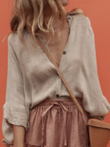 Khaki V Neck Plain 3/4 Sleeve Shift Shirts & Tops