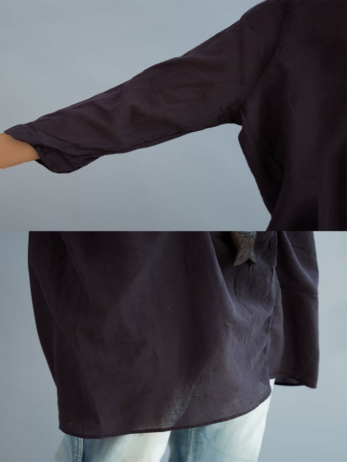 Plus Size Women Solid Front Button With Gray Sling Tops Loose Casual Midi Cotton Shirt