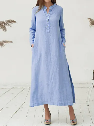 Stand Collar Long Sleeve Casual Paneled Plain Casual Dress