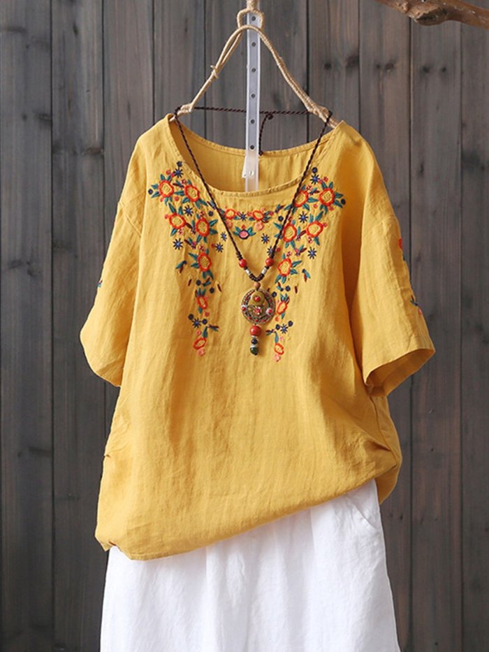 Women Casual Loose Embroidered Tops Tunic Blouse Shirt
