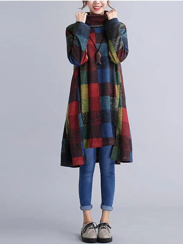 Autumn Winter Casual Plaid Turtleneck Long Sleeve Sweatshirt