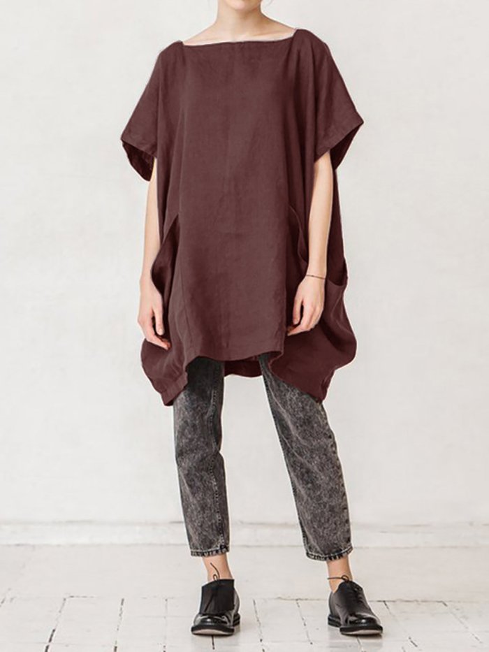 Square Neck Solid Pockets Shirts