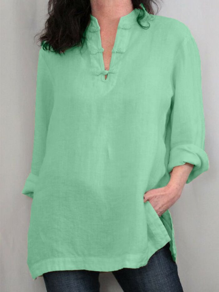 Women Tops V-Neck Long Sleeves Slit Side Casual Blouses