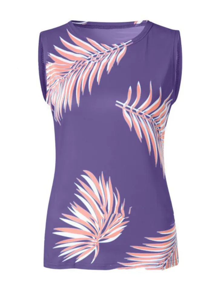 Summer Tops Leaf Print Sleeveless Crew Neck Casual Tanks