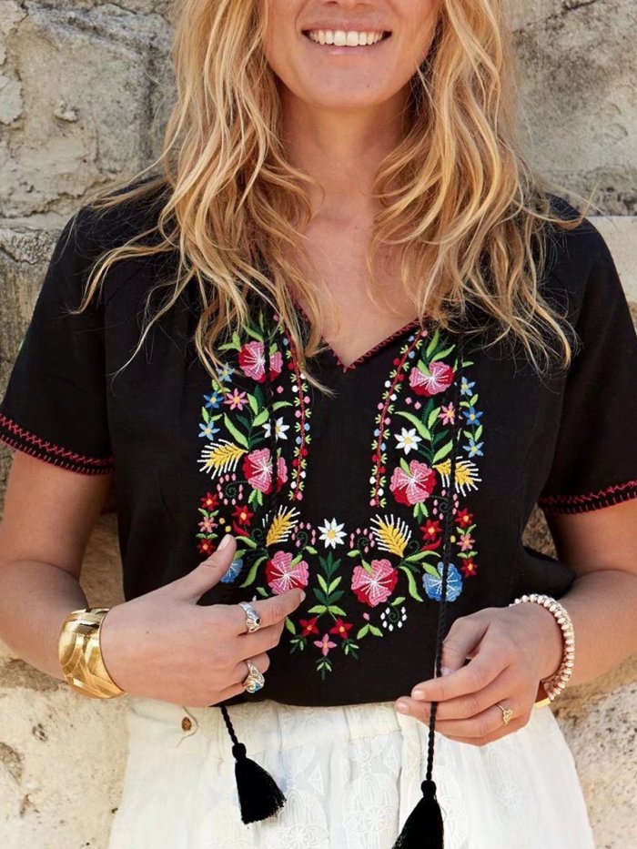Short Sleeve Boho V Neck Cotton-Blend Shirts & Tops