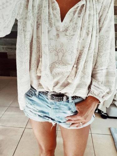 V Neck Patchwork Cotton-Blend Long Sleeve Shirts & Tops