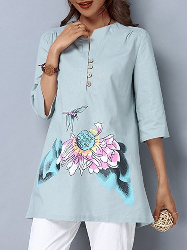 Plus Size Women Hand-painted V-neck Half Sleeves Midi Casual Tops