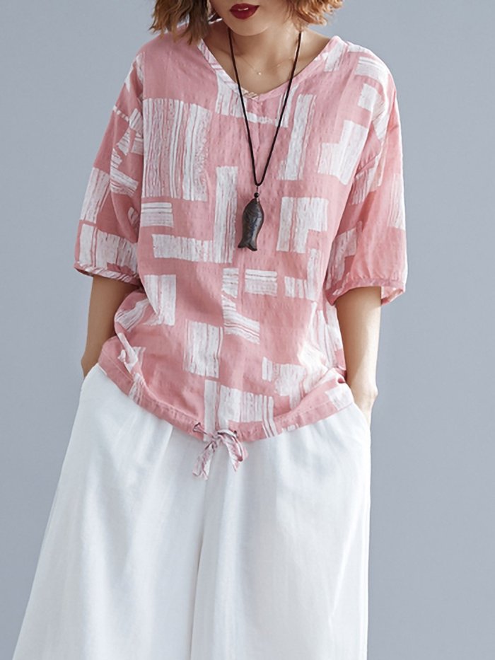 Plus Size Women Cotton And Linen V Neck Short Sleeve Vintage Floral Casual Tops