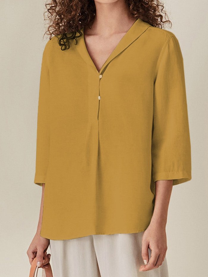 3/4 Sleeve Solid Cotton Shirts & Tops