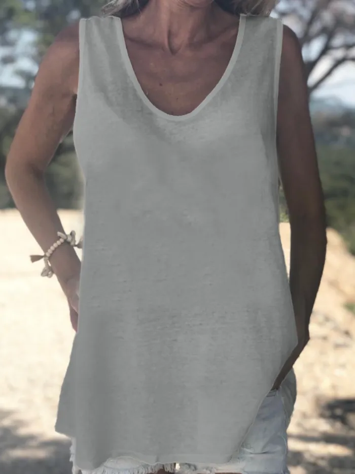 Sleeveless V Neck Cotton Solid Shirts & Tops