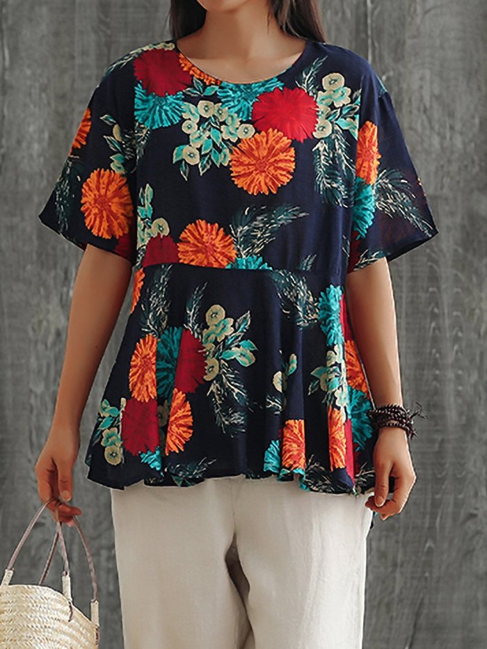 Plus Size Women Loose Cotton And Linen Round Neck Short Sleeve Floral Casual Tops