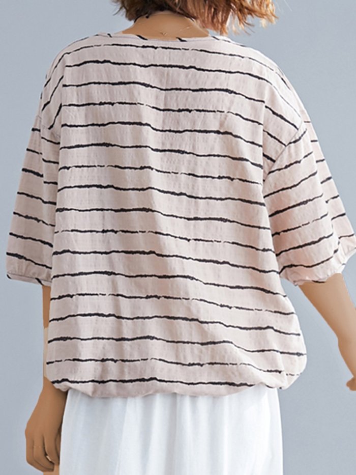 Plus Size Women Short Sleeve V-Neck Striped Casual Tops