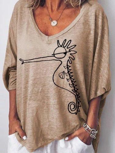 3/4 Sleeve V Neck Casual Seahorse Tops