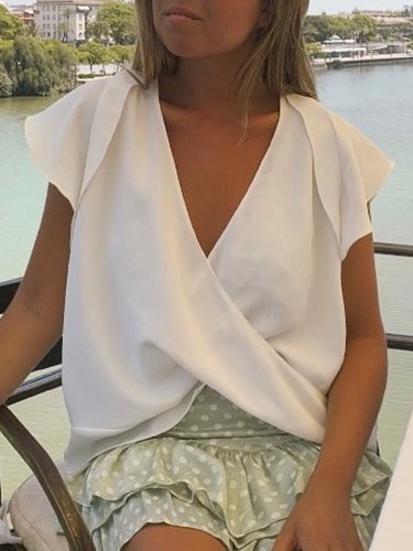 Casual Short Sleeve V Neck  Solid Tops