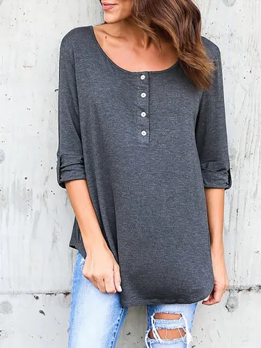 Solid Casual V neck Cotton T-Shirt