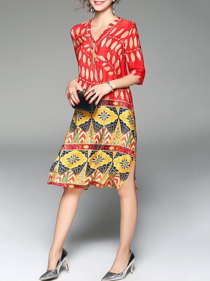 Multicolor Casual Shift Midi Plus Size Dress