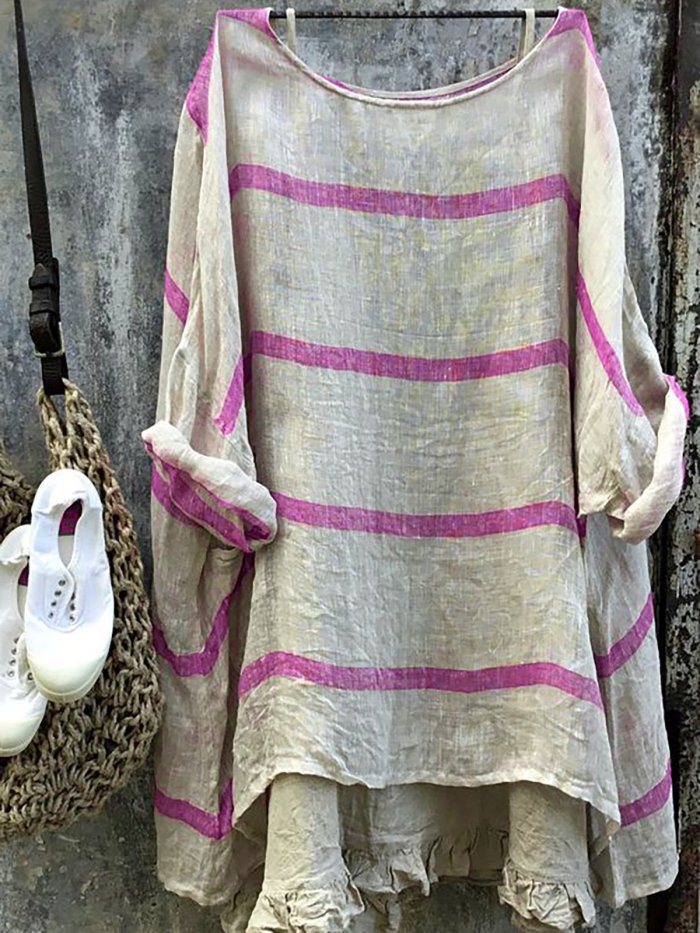 Women Top Striped Linen Long Sleeve Top Crew Neck Blouse