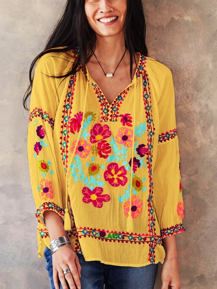 3/4 Sleeve Casual Patchwork Shirts & Tops