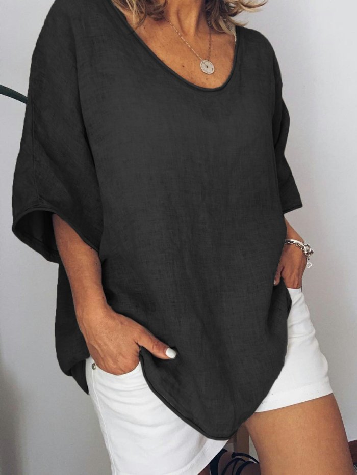 Gray Crew Neck Solid Linen Casual Shirts & Tops