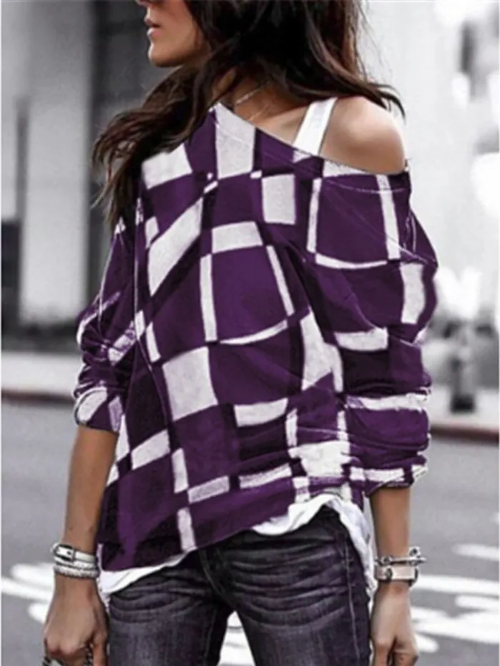 Women Long Sleeve Checkered Cotton-Blend Geometric Off-shoulder T-Shirts