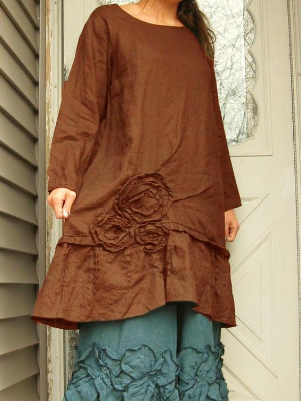 Vintage Solid Long Sleeve Crew Neck Dresses