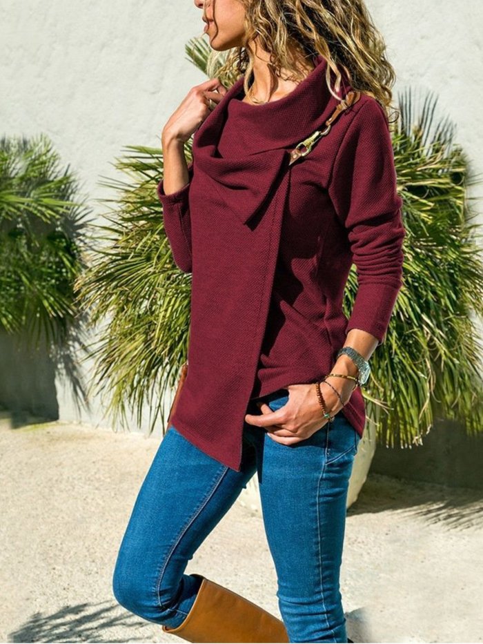Women Turn down Collar Metal ButtonT-Shirts