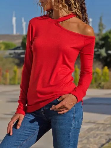 Cotton-Blend Long Sleeve Halter Cutout T-Shirts