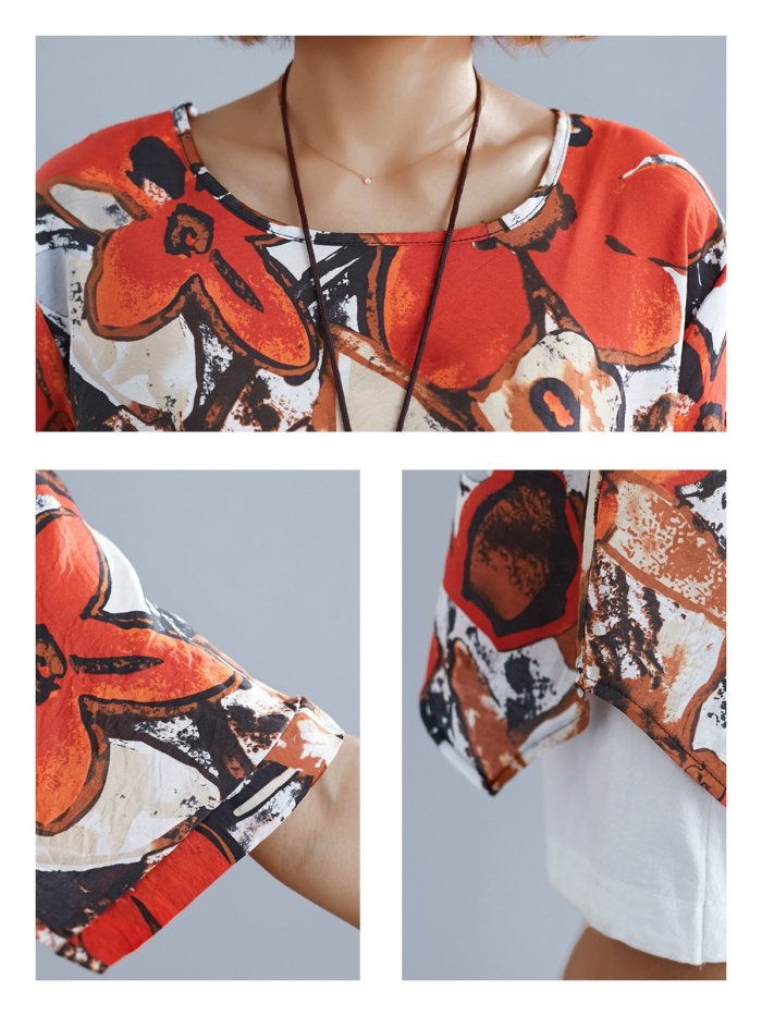 Plus Size Women Loose Cotton And Linen Round Neck Short Sleeve Abstract Pattern Irregular Casual Top