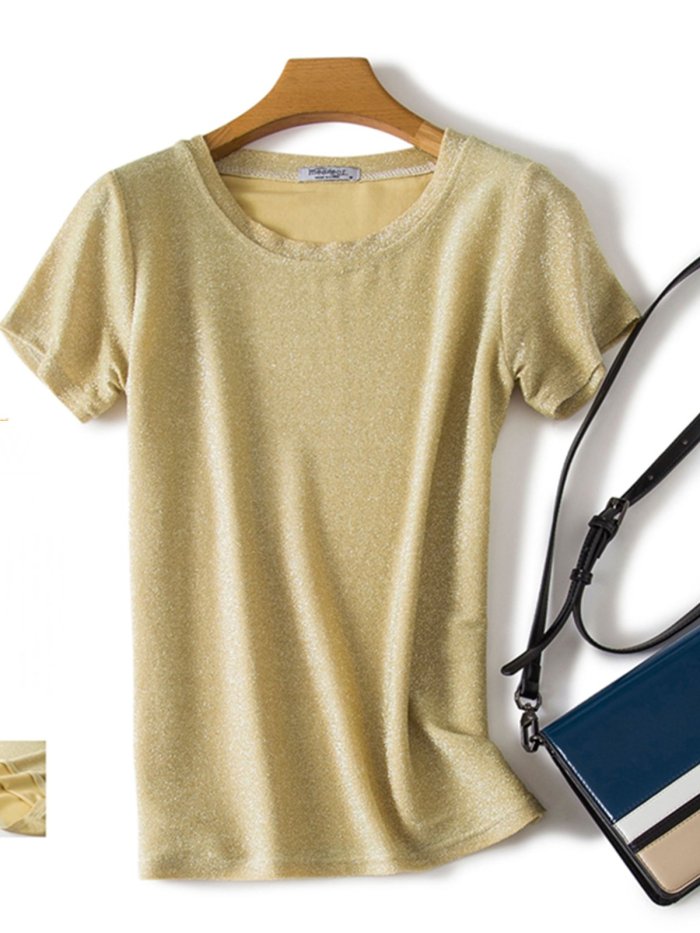 Plus Size Women Short Sleeve Round Neck Vintage Sequin Solid Casual Tops
