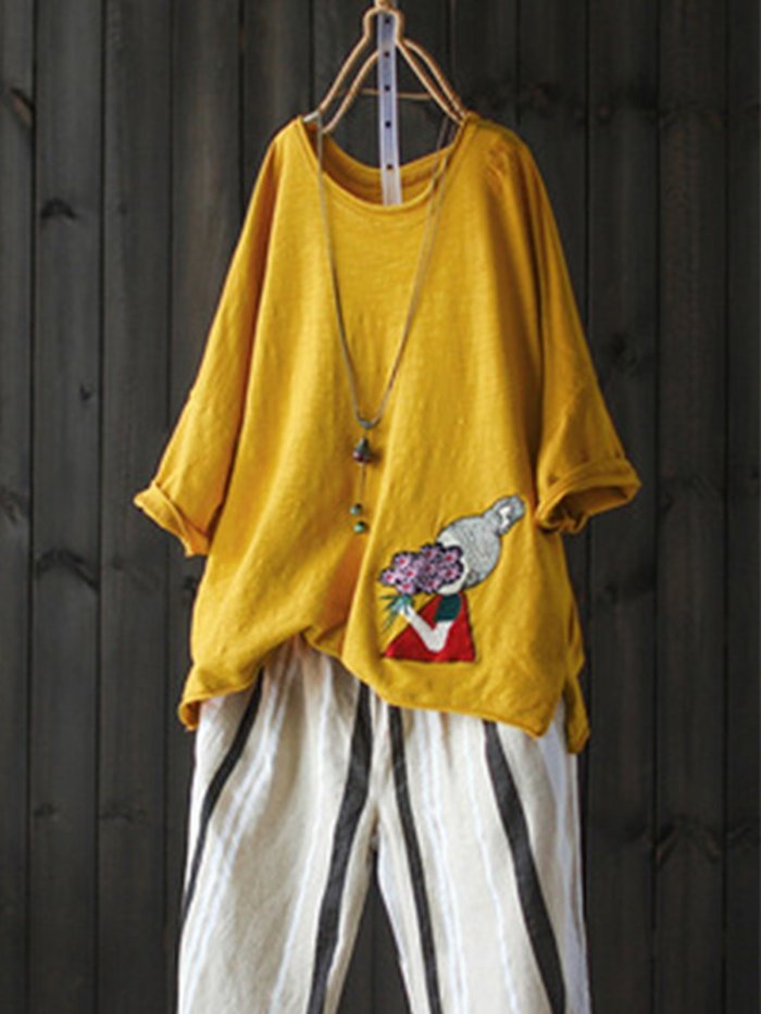 Round Neck Casual Embroidered Shirts & Tops