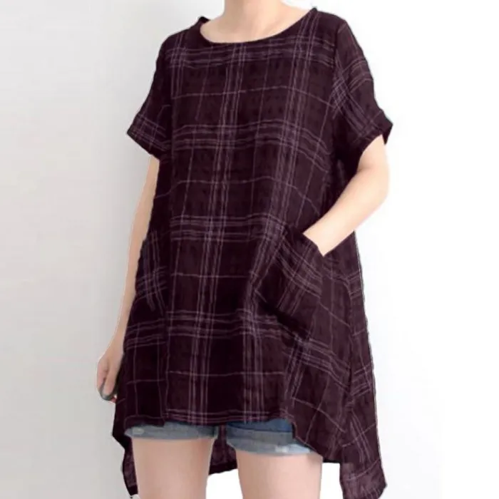 Women Casual Loose Tops Tunic Plaid Blouse Shirt