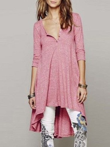 V neck Casual Long Sleeve Buttoned Plus Size T-Shirt