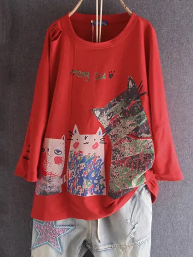 Cotton-Blend Long Sleeve Animal Shirts & Tops