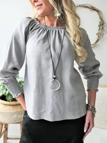 Cotton-Blend Casual Long Sleeve Solid Shirts & Tops