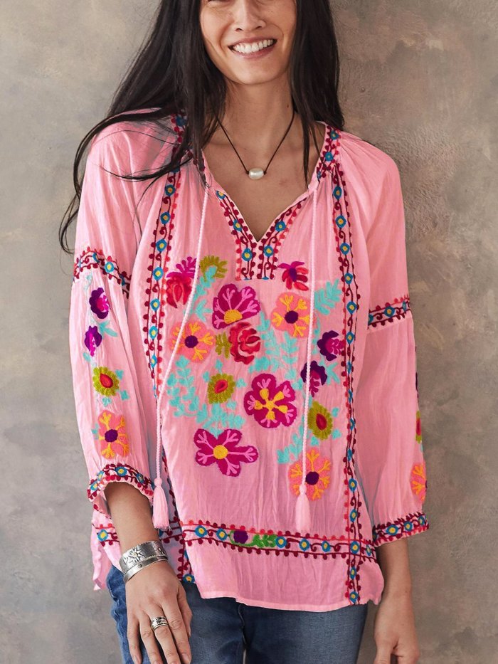 3/4 Sleeve Casual Patchwork Shirts & Tops