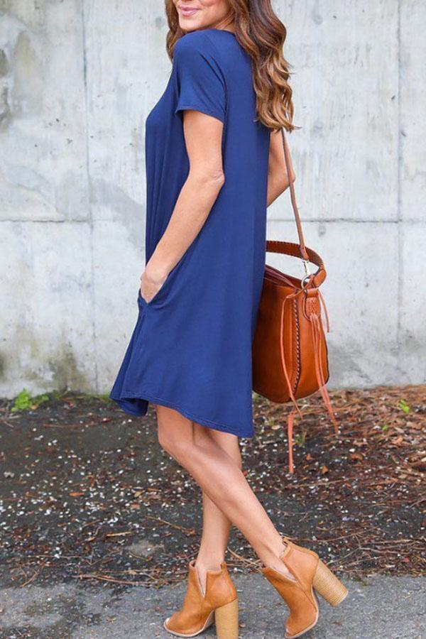 V Neck  Patch Pocket  Plain  Short Sleeve Casual Dresses