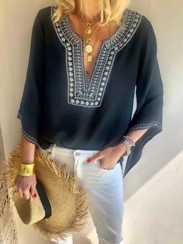V Neck Vintage Floral-Print Shirts & Tops