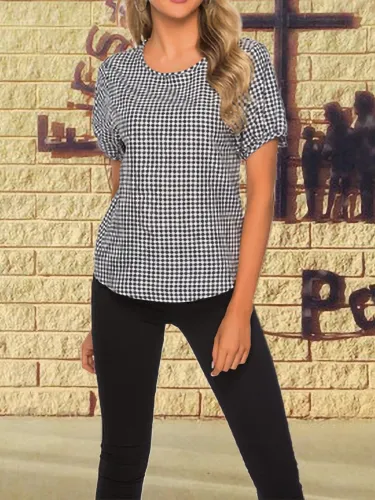 Women Bow Lantern Sleeve Round Neck Short Sleeve Plaid T-Shirt Top