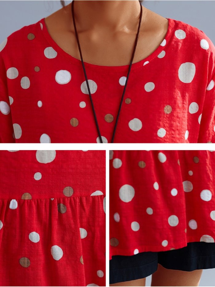 Plus Size Women Short Sleeve Round Neck Vintage Polka Dots Floral Casual Tops