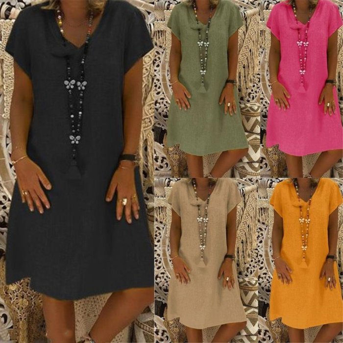 Casual Solid V-Neck Plus Size Dress