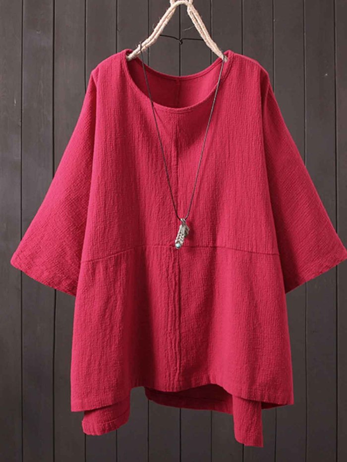 Casual Cotton-Blend Round Neck Shirts & Tops