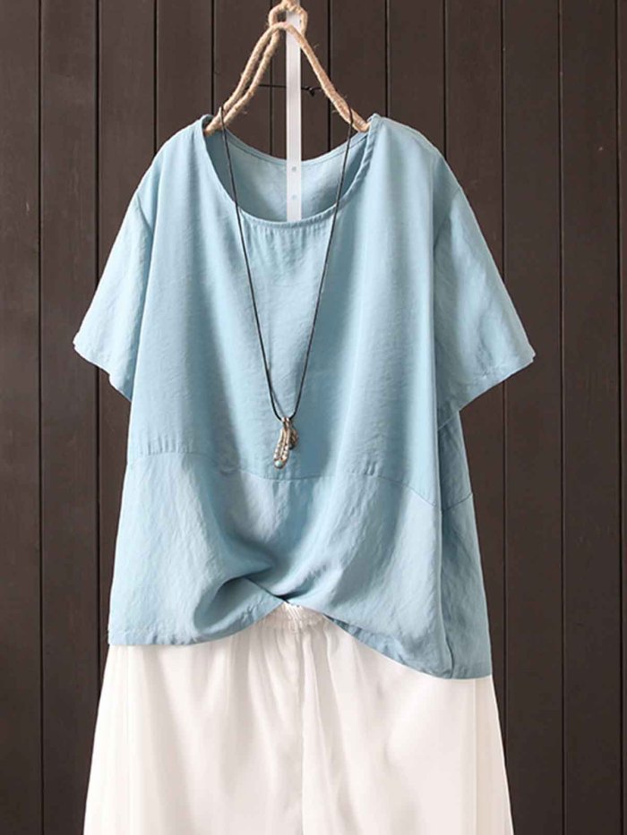 Short Sleeve Solid Round Neck Cotton-Blend Shirts & Tops