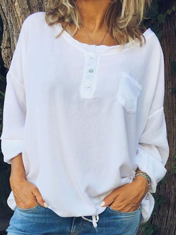 Plus Size  Casual Long Sleeve  Crew Neck Solid Tops