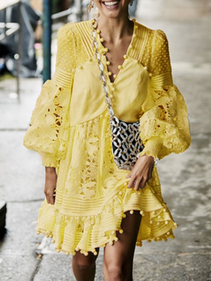 Balloon Sleeve Patchwork V Neck Vintage Casual Dresses