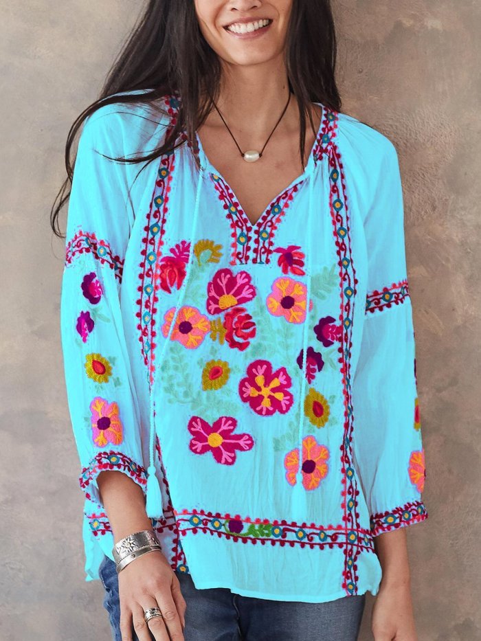 3/4 Sleeve Casual Patchwork Shirts & Tops