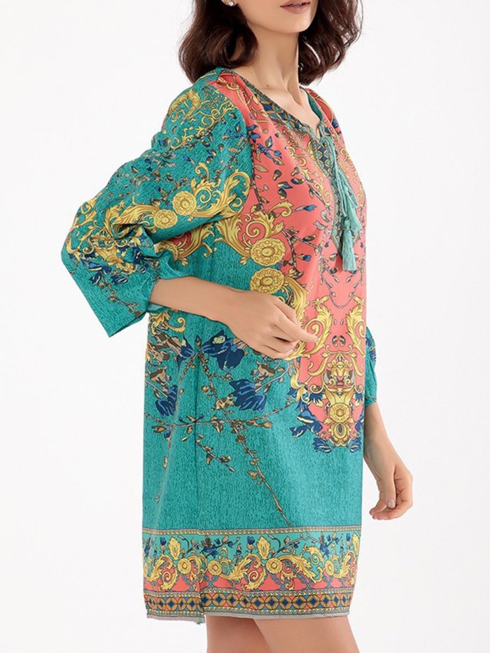 Tribal Boho 3/4 Sleeve Printed Tie-neck Dress