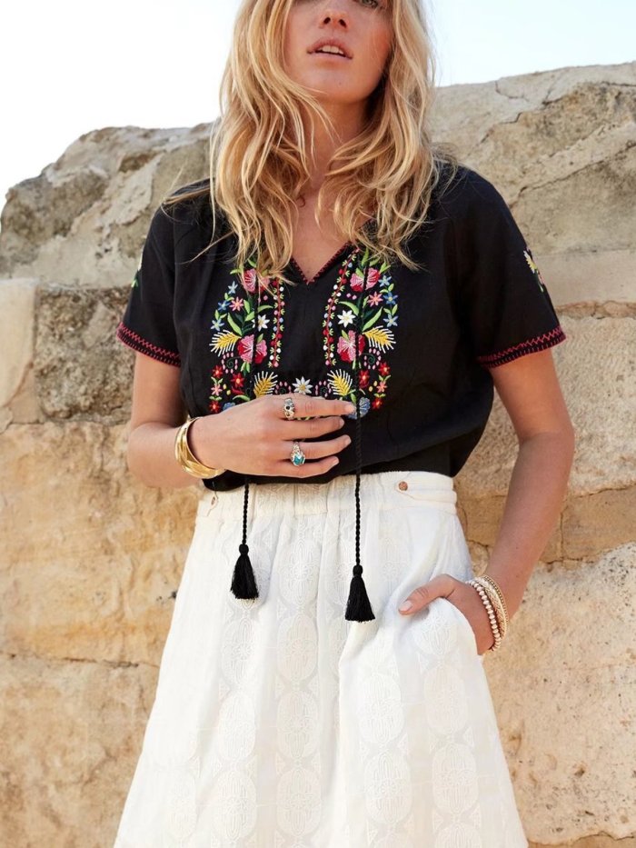 Short Sleeve Boho V Neck Cotton-Blend Shirts & Tops