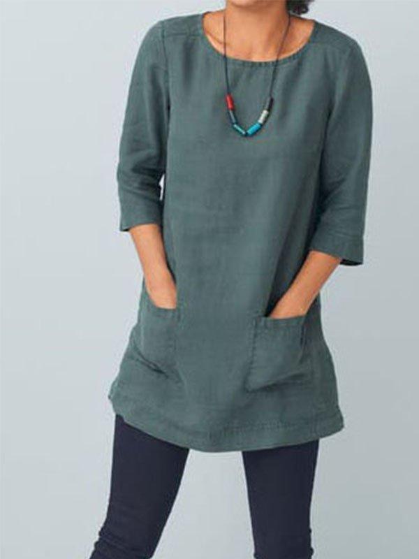 Pockets 3/4 Sleeve Solid Shirts & Tops