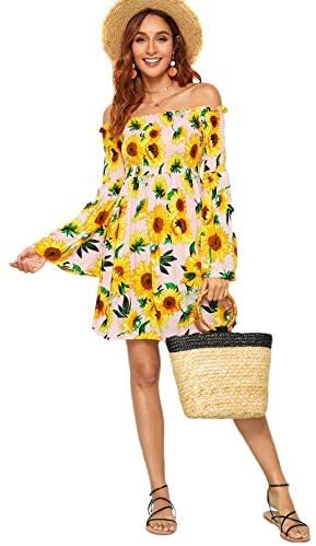 Romwe Women's Casual Floral Print Off Shoulder Trumpet Sleeve Swing Dress